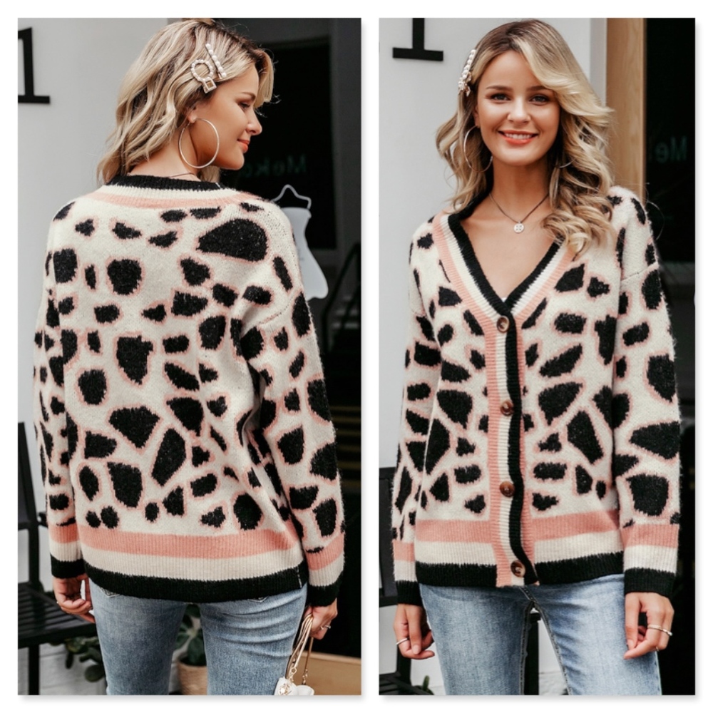 Pink Cheetah Print Buttoned V-Neck Cardigan - Picture 4 of 8